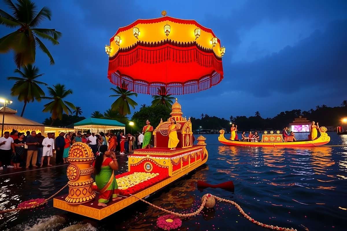 Onam festival celebrations in Kerala with flower carpets and boat races