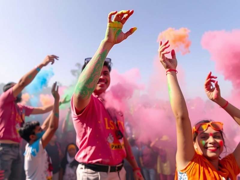 Holi festival celebrations with people throwing colored powder